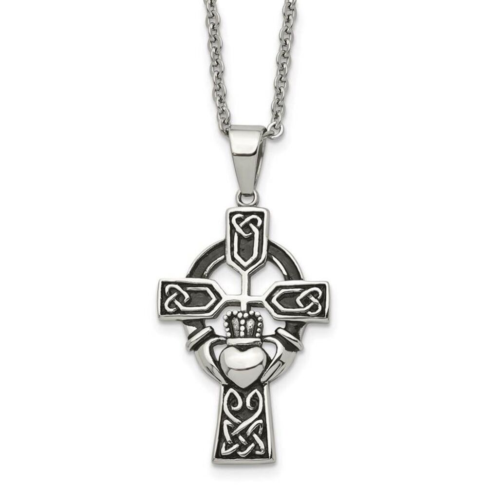 Stainless Steel Antiqued Claddagh Cross Necklace, 20 Inch